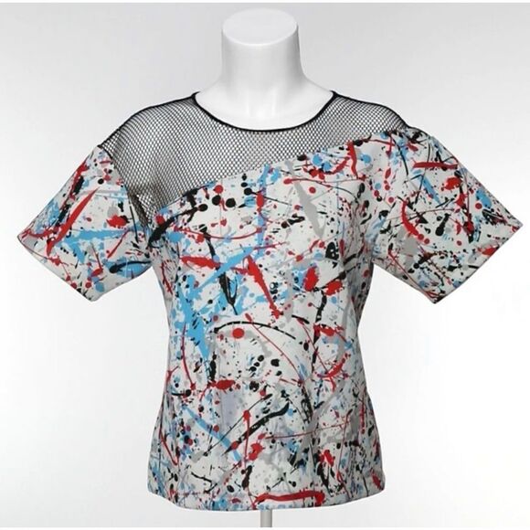 Sachin & Babi Multi Splatter Print Short Sleeve Top With Mesh - Picture 1 of 4